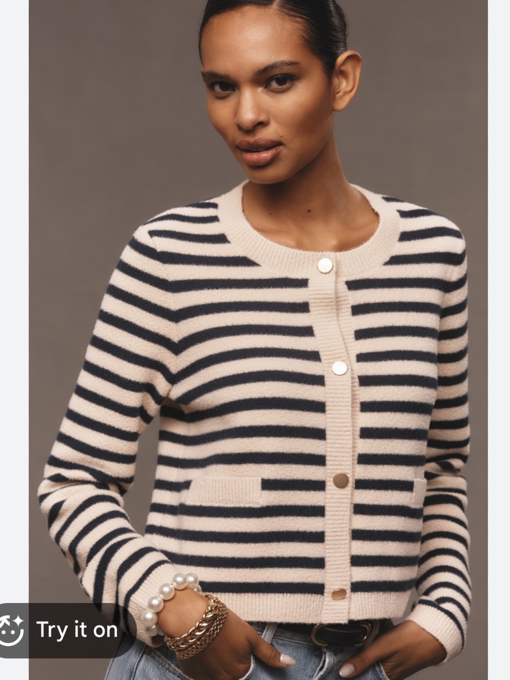 NVLT Striped Button-Front Cardigan in Cream and Black